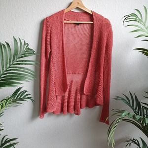 Eileen Fisher Cardigan Pink Open Weave Knit Swing Crochet Ruffled Back Size 4P